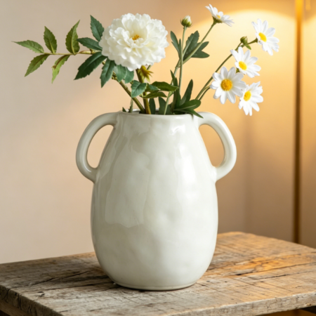 White Ceramic Vase with Two Handles – Modern Farmhouse Style – Rustic Terracotta Texture – 18cm high – Centerpiece for dining tables