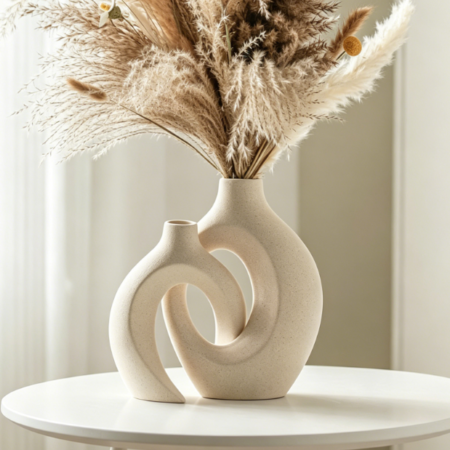 Hollow Ceramic Vase Set (2 pieces) – Nordic Bohemian Style – Off-white – 16cm wide x 21.3cm high – Home Decor